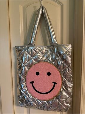 Judith March Quilted Tote Bag with Pink Smiley Patch